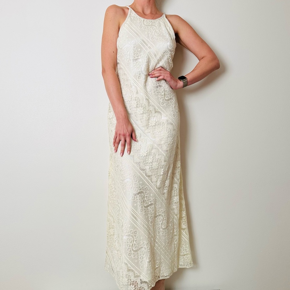 Vintage Cachet Halter Beaded Lace Maxi Wedding Dress Ivory